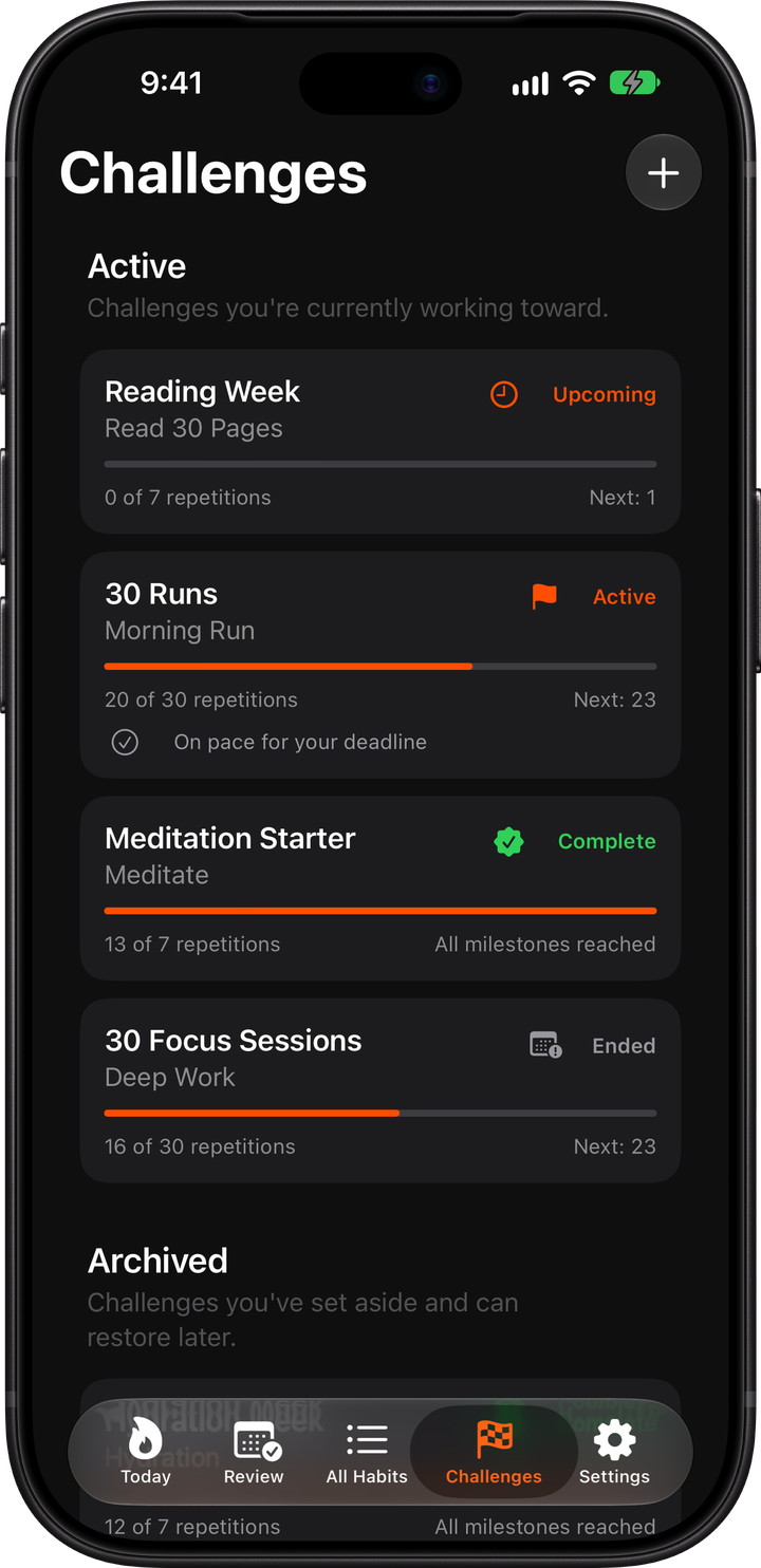 Kiviq Challenges with active and completed challenges